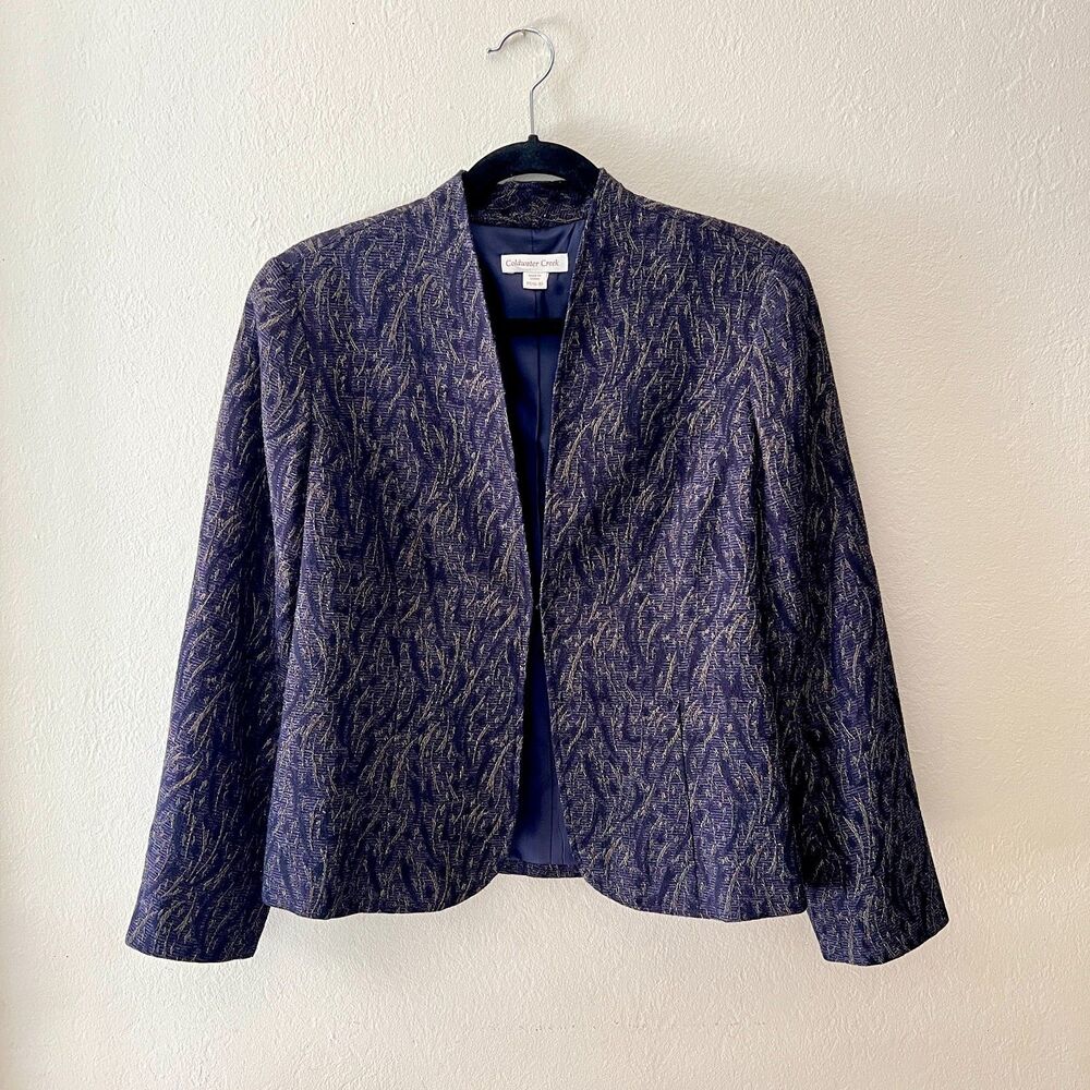 Coldwater Creek Blue Shimmer Jacquard Blazer Jacket Mandarin Collar Sz 6-8 PS